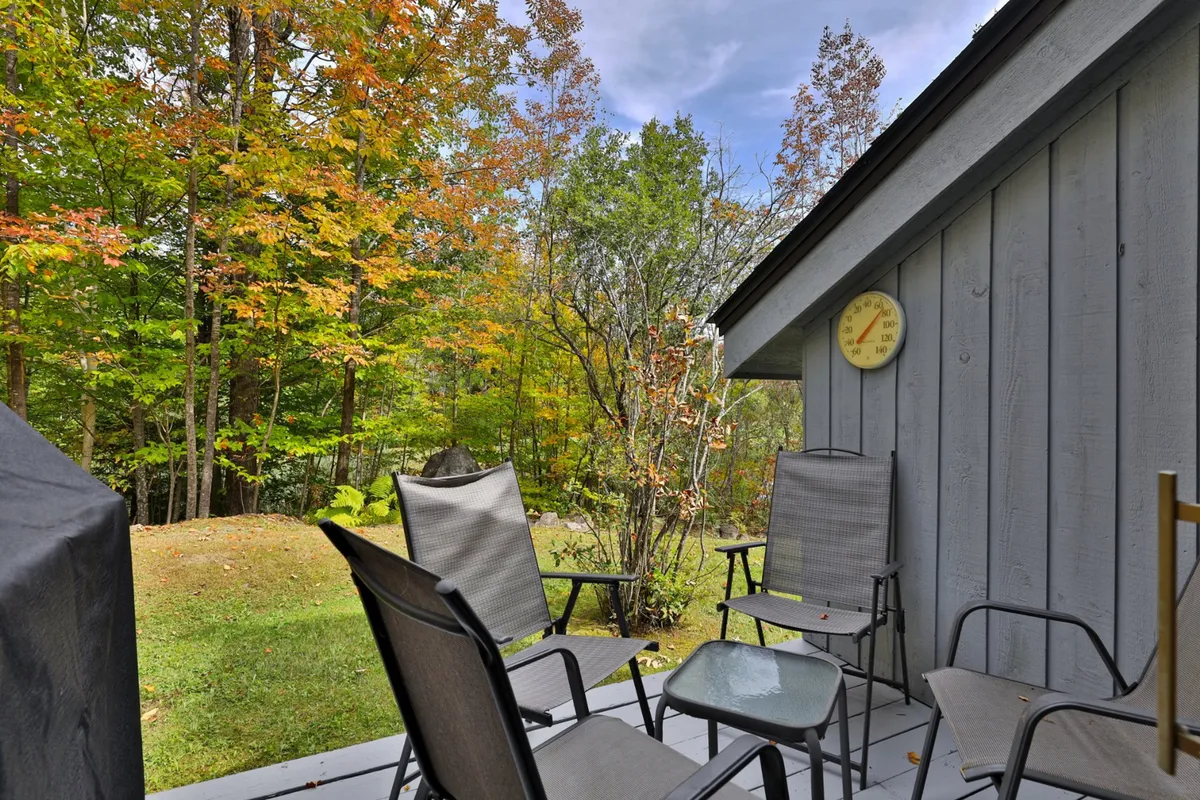 A cozy exterior seating arrangement with a pair of chairs set against a weathered wooden wall. The natural surroundings include mature trees and tranquil greenery, evoking peaceful moments spent outdoors, perhaps enjoying a coffee or reading a book.