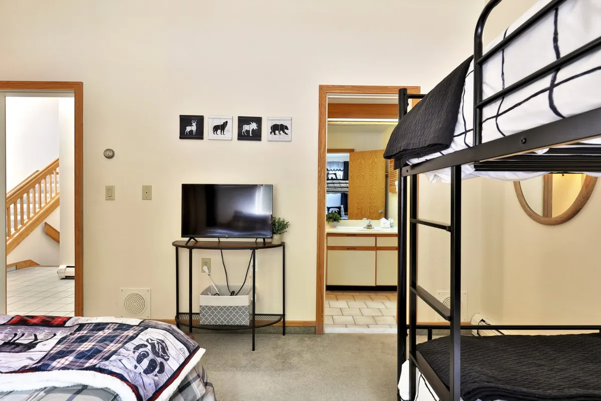 A cozy kids' bedroom featuring bunk beds and playful animal artwork, with a television in view. The bunk bed design is visually clear, making it easy to see the ladder referenced in the text, and the space feels safe and inviting for children.